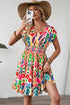 Bohemian Abstract Print V Neck Smocked Waist Tiered Ruffle Mini Dress